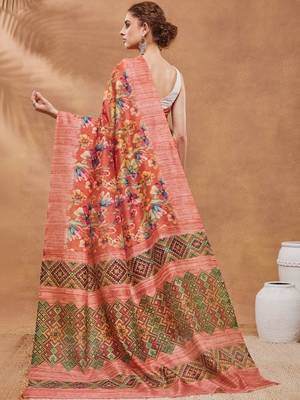 Red printed silk blend ethnic saree with blouse piece 3