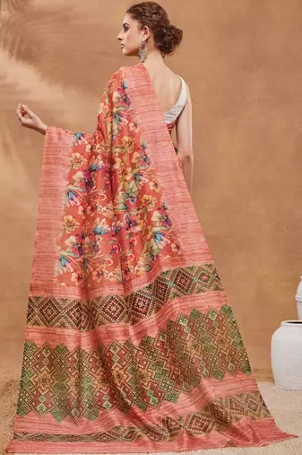 Red printed silk blend ethnic saree with blouse piece