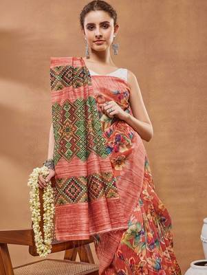 Red printed silk blend ethnic saree with blouse piece 5