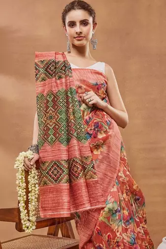 Red printed silk blend ethnic saree with blouse piece