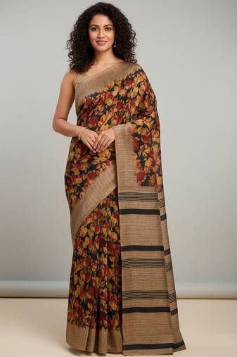 Black floral printed jute casual saree with blouse piece