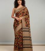 Black floral printed jute casual saree with blouse piece