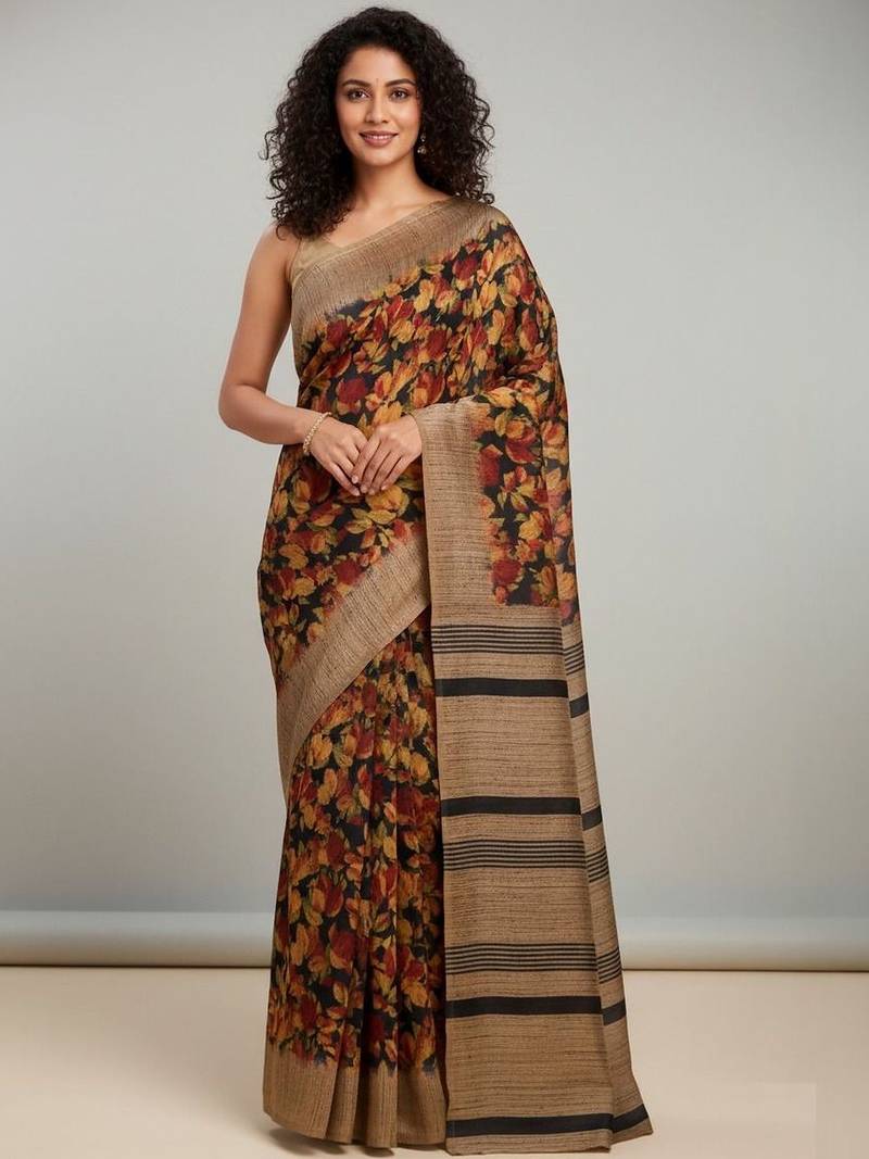Black floral printed jute casual saree with blouse piece