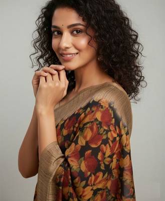 Black floral printed jute casual saree with blouse piece 2