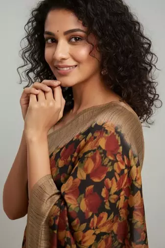 Black floral printed jute casual saree with blouse piece