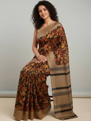 Black floral printed jute casual saree with blouse piece 3