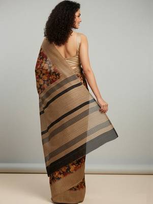 Black floral printed jute casual saree with blouse piece 5
