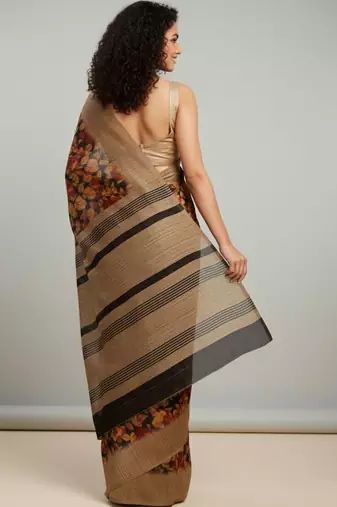 Black floral printed jute casual saree with blouse piece