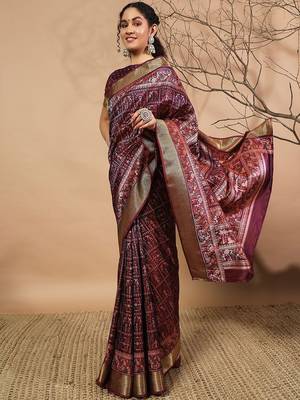 Purple printed silk blend ethnic saree with blouse piece 1