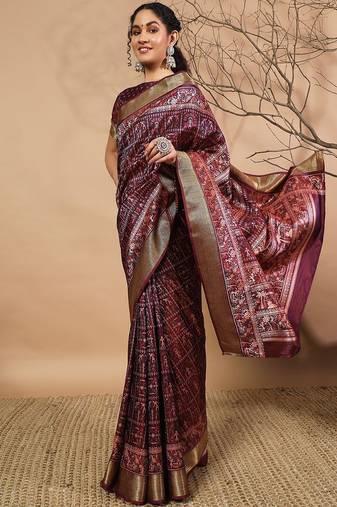 Purple printed silk blend ethnic saree with blouse piece