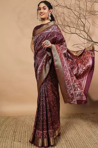 Purple printed silk blend ethnic saree with blouse piece