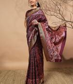 Purple printed silk blend ethnic saree with blouse piece