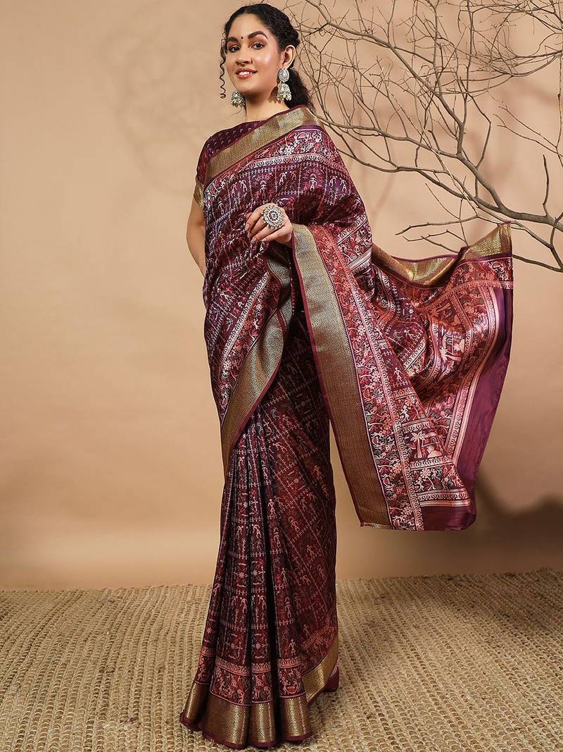 Purple printed silk blend ethnic saree with blouse piece