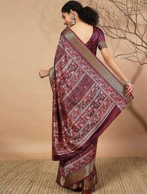 Purple printed silk blend ethnic saree with blouse piece 2