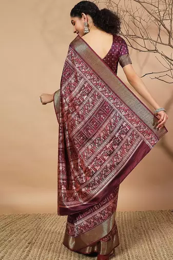 Purple printed silk blend ethnic saree with blouse piece