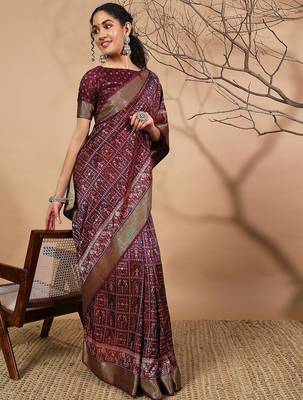 Purple printed silk blend ethnic saree with blouse piece 3