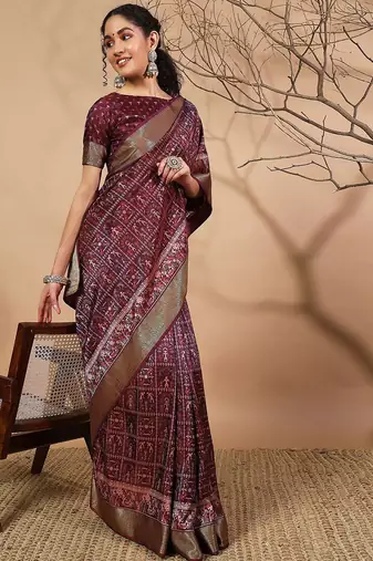 Purple printed silk blend ethnic saree with blouse piece
