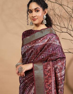 Purple printed silk blend ethnic saree with blouse piece 4