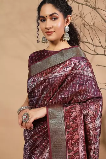 Purple printed silk blend ethnic saree with blouse piece