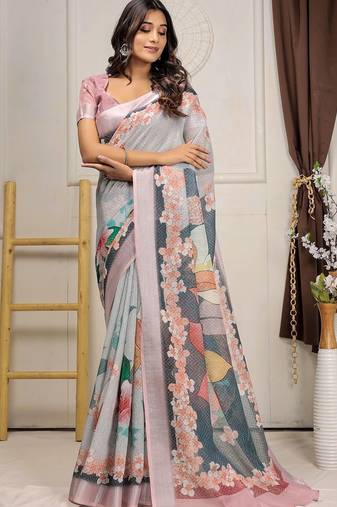 Grey printed linen casual saree with blouse piece