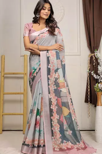 Grey printed linen casual saree with blouse piece