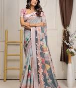 Grey printed linen casual saree with blouse piece