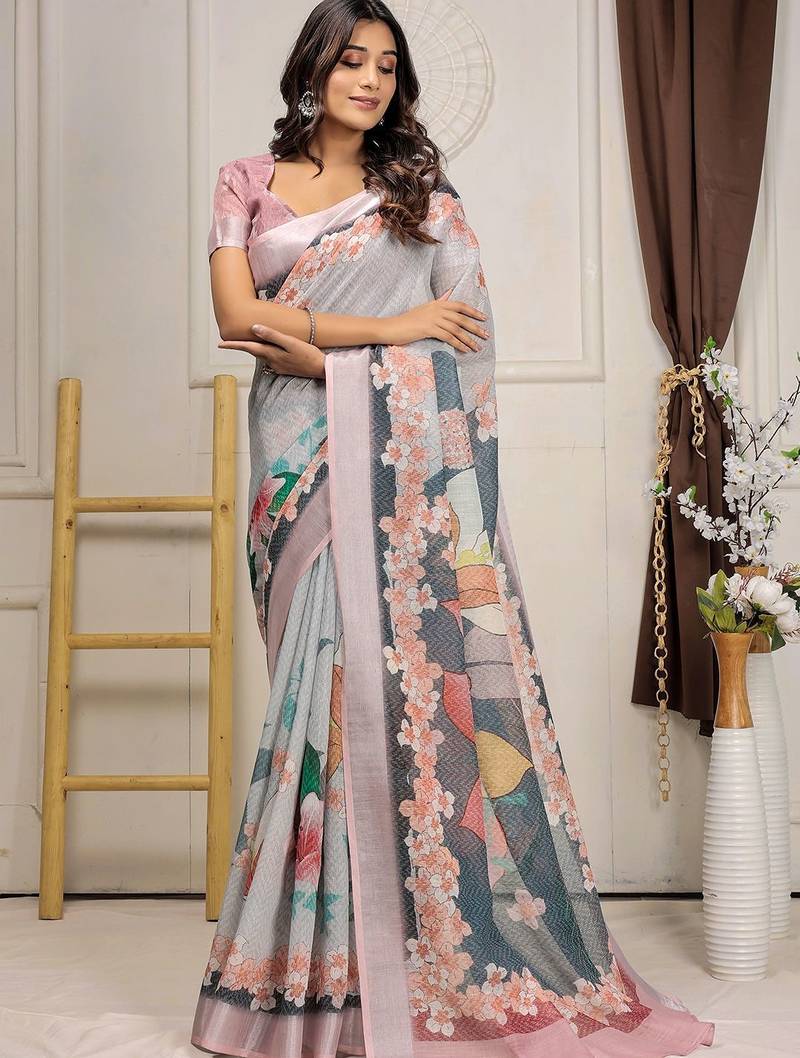 Grey printed linen casual saree with blouse piece