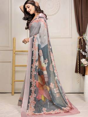 Grey printed linen casual saree with blouse piece 2