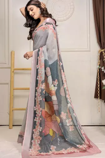Grey printed linen casual saree with blouse piece