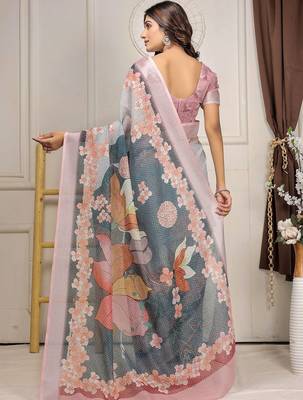 Grey printed linen casual saree with blouse piece 3