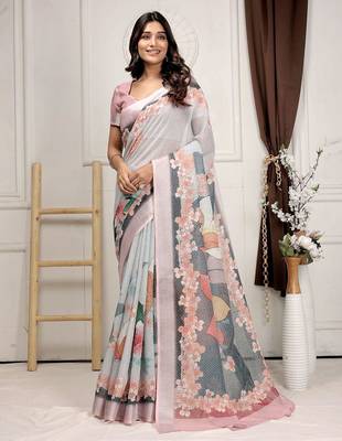 Grey printed linen casual saree with blouse piece 4