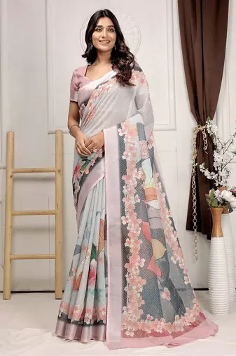 Grey printed linen casual saree with blouse piece