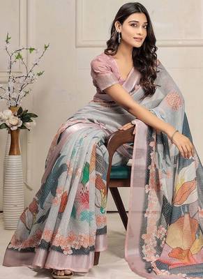 Grey printed linen casual saree with blouse piece 5