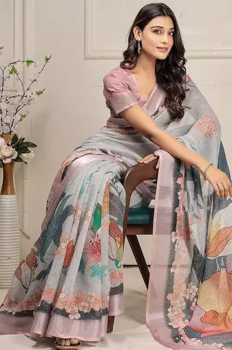 Grey printed linen casual saree with blouse piece