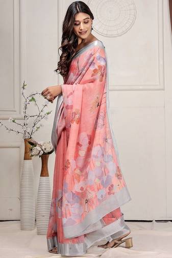 Pink printed linen casual saree with blouse piece