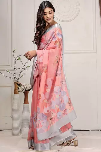 Pink printed linen casual saree with blouse piece
