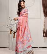 Pink printed linen casual saree with blouse piece
