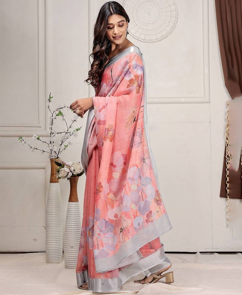 Pink printed linen casual saree with blouse piece