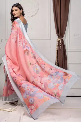 Pink printed linen casual saree with blouse piece