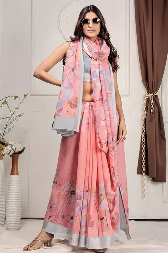 Pink printed linen casual saree with blouse piece