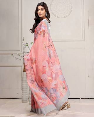 Pink printed linen casual saree with blouse piece 4