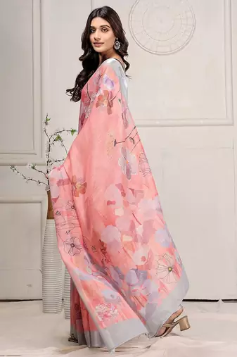 Pink printed linen casual saree with blouse piece