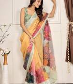 Yellow printed linen casual saree with blouse piece