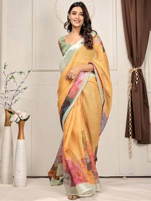 Yellow printed linen casual saree with blouse piece 2