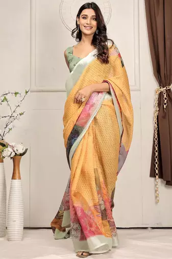 Yellow printed linen casual saree with blouse piece