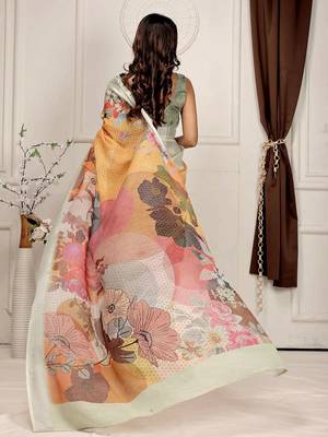 Yellow printed linen casual saree with blouse piece 3