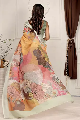 Yellow printed linen casual saree with blouse piece