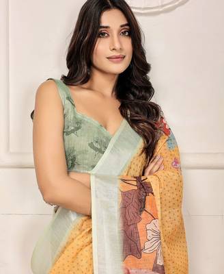 Yellow printed linen casual saree with blouse piece 5