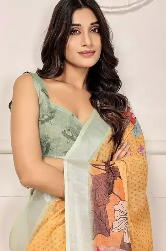 Yellow printed linen casual saree with blouse piece