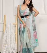 Sea green printed linen casual saree with blouse piece